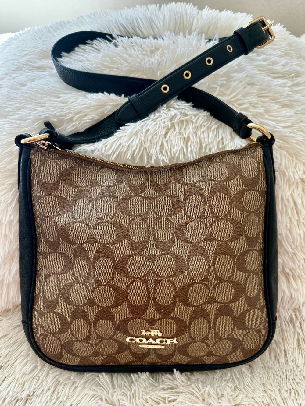 COACH Ellie File Bag Khaki Signature Canvas Black Leather Crossbody Bag C1649